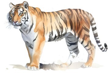 a watercolor painting of a tiger standing on a white background.  generative ai