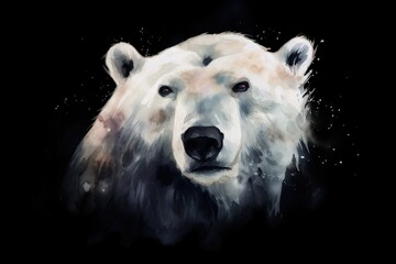  a painting of a polar bear on a black background with snow flakes.  generative ai