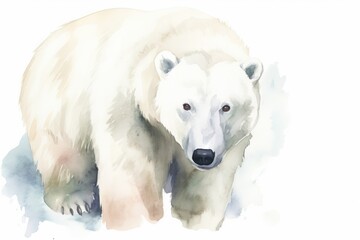  a white polar bear walking across a snow covered ground with a white background.  generative ai