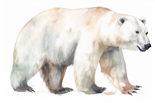  a watercolor painting of a polar bear walking on a white background.  generative ai