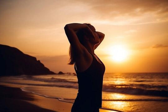 silhouette of a woman stretching her arms on the beach at sunset. Fitness wallpaper or poster created with Generative AI