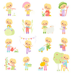 Little Blond Girl Farmer in Jumpsuit and Hat at Farm Working in the Garden Big Vector Set