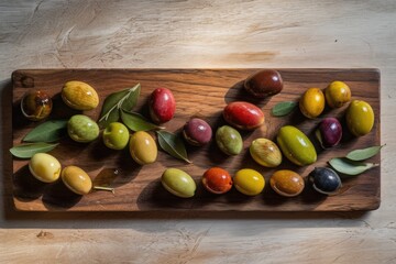 On top of a wooden board, a variety of olives covered in olive oil are displayed. Generative AI