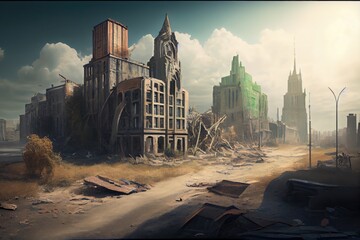 postapocalyptic city, with view of the remains of a once-great building, created with generative ai