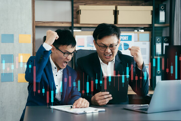 Happy smiling businessman feel happy work complete Teamwork success, success at work in the office concept.