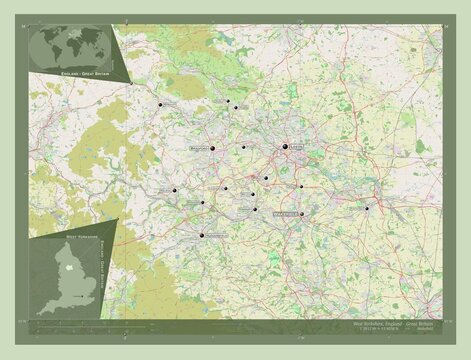 West Yorkshire, England - Great Britain. OSM. Labelled points of cities