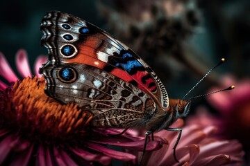 Fototapeta na wymiar a butterfly sitting on a flower with a blurry background. generative ai
