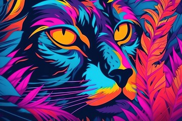  a painting of a colorful cat with yellow eyes and orange eyes.  generative ai
