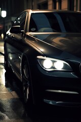  a black car parked on the side of a street at night.  generative ai