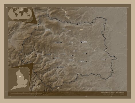 West Yorkshire, England - Great Britain. Sepia. Labelled points of cities