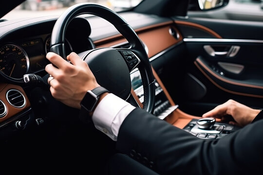  a man in a suit driving a car with his hands on the steering wheel.  generative ai