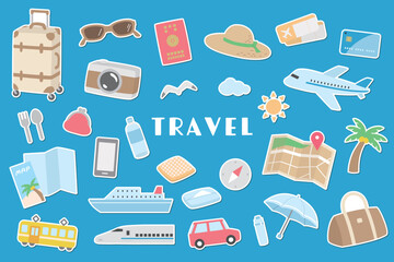 シンプルな旅行のステッカー風のベクターイラストセット。