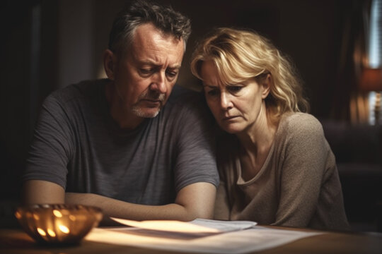Middle aged couple looking at bills with worried looks, having financial problems, Generative ai