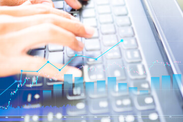 Finger Typing Keyboard with Growth Cancle Stick Graph Chart Trade Forex,Business Technology Digital Money Future Global Marketing,Stock Market finance Internet Market.