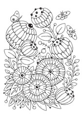 Fototapeta premium Art therapy background for coloring. Black and white illustration. Flower coloring page.