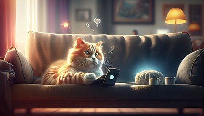 Cat in glasses checking his social media on phone