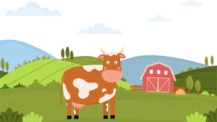 Obraz na płótnie Canvas Summer landscape on a farm with cute cow. Milk farm. Cow on rural landscape. Domestic animal on the background of countryside.