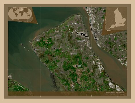 Wirral, England - Great Britain. Low-res satellite. Labelled points of cities