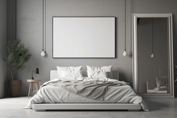 Minimalist bedroom design with a mockup poster on the wall and a comfortable bed, perfect for a simple and stylish sleeping environment. AI Generative.