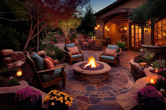 patio with firepit and comfortable seating for a cozy evening, created with generative ai