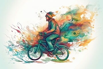 Fototapeta na wymiar a man riding a bike with colorful paint splatters. generative ai