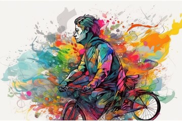  a man riding a bike with colorful paint splatters.  generative ai