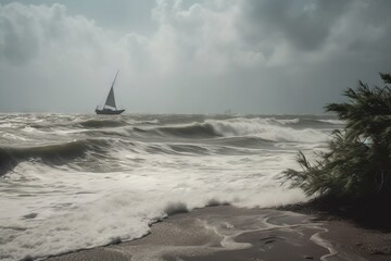 Fototapeta na wymiar a sailboat in the ocean with waves crashing on the shore. generative ai