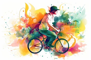 Fototapeta na wymiar a man riding a bike with colorful paint splatters. generative ai