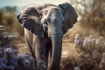 Fototapeta na wymiar an elephant is walking through a field of flowers and bushes. generative ai