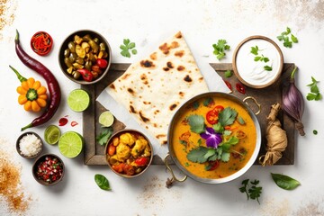 Fototapeta na wymiar Indian cuisine dishes tikka masala, dal, paneer, samosa, chapati, chutney, spices. Indian food on white wooden background. Assortment indian pakistanimeal banner with copy space. Top view or flat lay