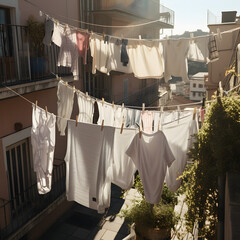 a lot of clothes drying on multiple strings span between two houses
