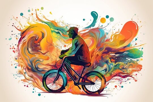  a man riding a bike with colorful paint splatters.  generative ai