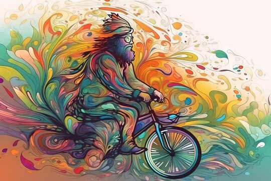  a man riding a bike with colorful swirls on it.  generative ai