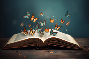 open book with butterflies coming out of it, surreal style. ai generative - obrazy, fototapety, plakaty