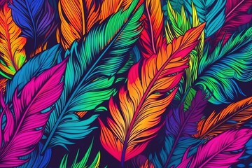  a colorful background with many different colored feathers on a black background.  generative ai