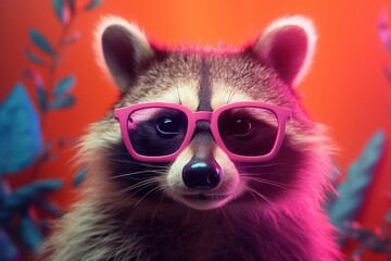  a raccoon wearing pink glasses and a red background.  generative ai