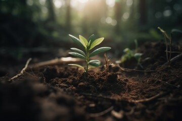  a small plant sprouts from the ground in a forest.  generative ai