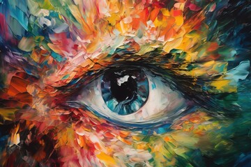  a painting of an eye with colorful paint on it's face.  generative ai