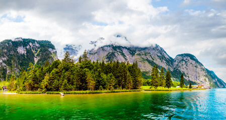 Lake, mountains and island. Mountain Watzmann at Lake Königssee near Berchtesgaden Alps, Bavaria,...