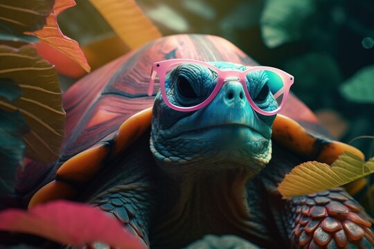  a close up of a turtle wearing pink sunglasses and a leaf.  generative ai