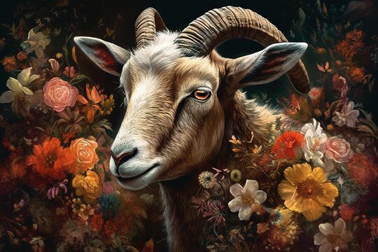  a painting of a goat surrounded by flowers and flowers on a black background.  generative ai