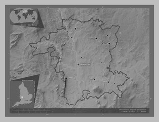 Worcestershire, England - Great Britain. Grayscale. Labelled points of cities
