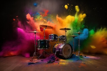 Fototapeta na wymiar a drum set with a lot of colored powder on the floor. generative ai