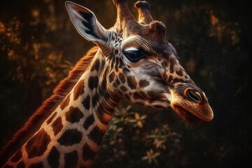  a close up of a giraffe with trees in the background.  generative ai