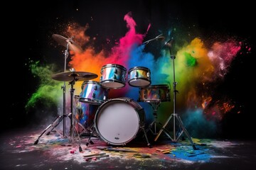  a drum set with colorful paint splattered on it.  generative ai