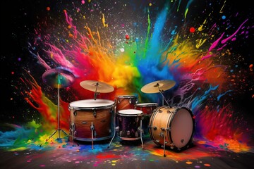  a drum set with colorful paint splattered all over it.  generative ai - obrazy, fototapety, plakaty