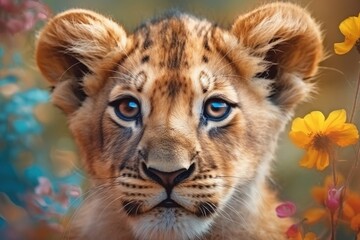  a close up of a lion cub with flowers in the background. generative ai