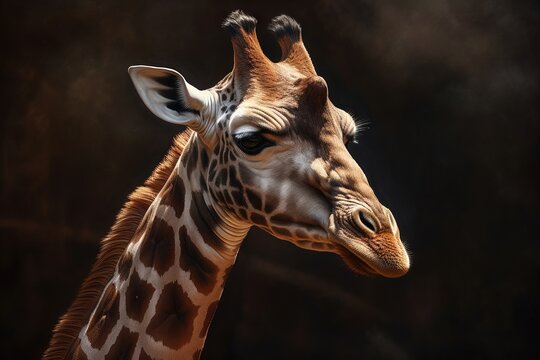  a close up of a giraffe's head with a dark background.  generative ai