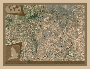 Worcestershire, England - Great Britain. Low-res satellite. Labelled points of cities