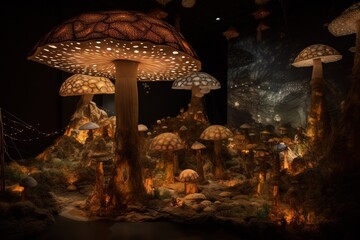  a display of mushrooms in a dark room with lights on.  generative ai